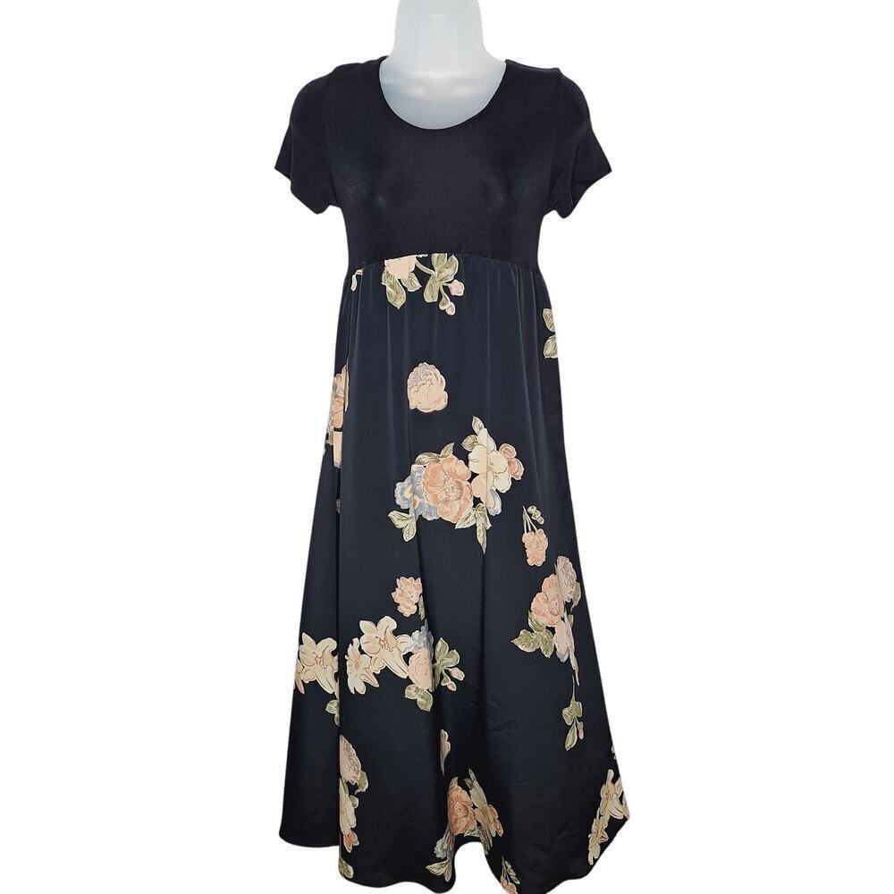 Vintage 90s Maxi Dress S/M Empire Babydoll Dark Floral Regency Whimsygoth Grunge